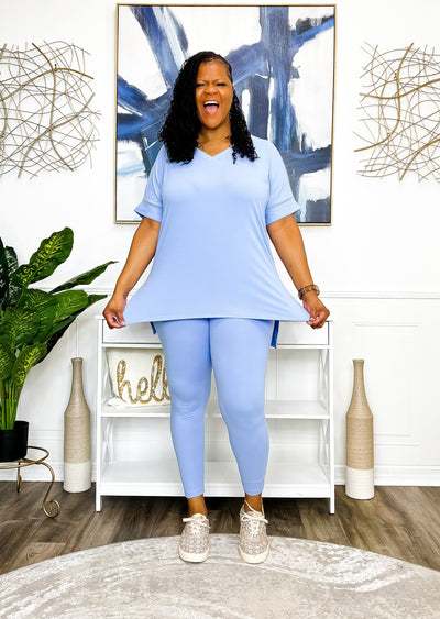 Casual Auntie Two Piece Microfiber Matching Pant Set- Spring Blue Outfit Sets 1X 