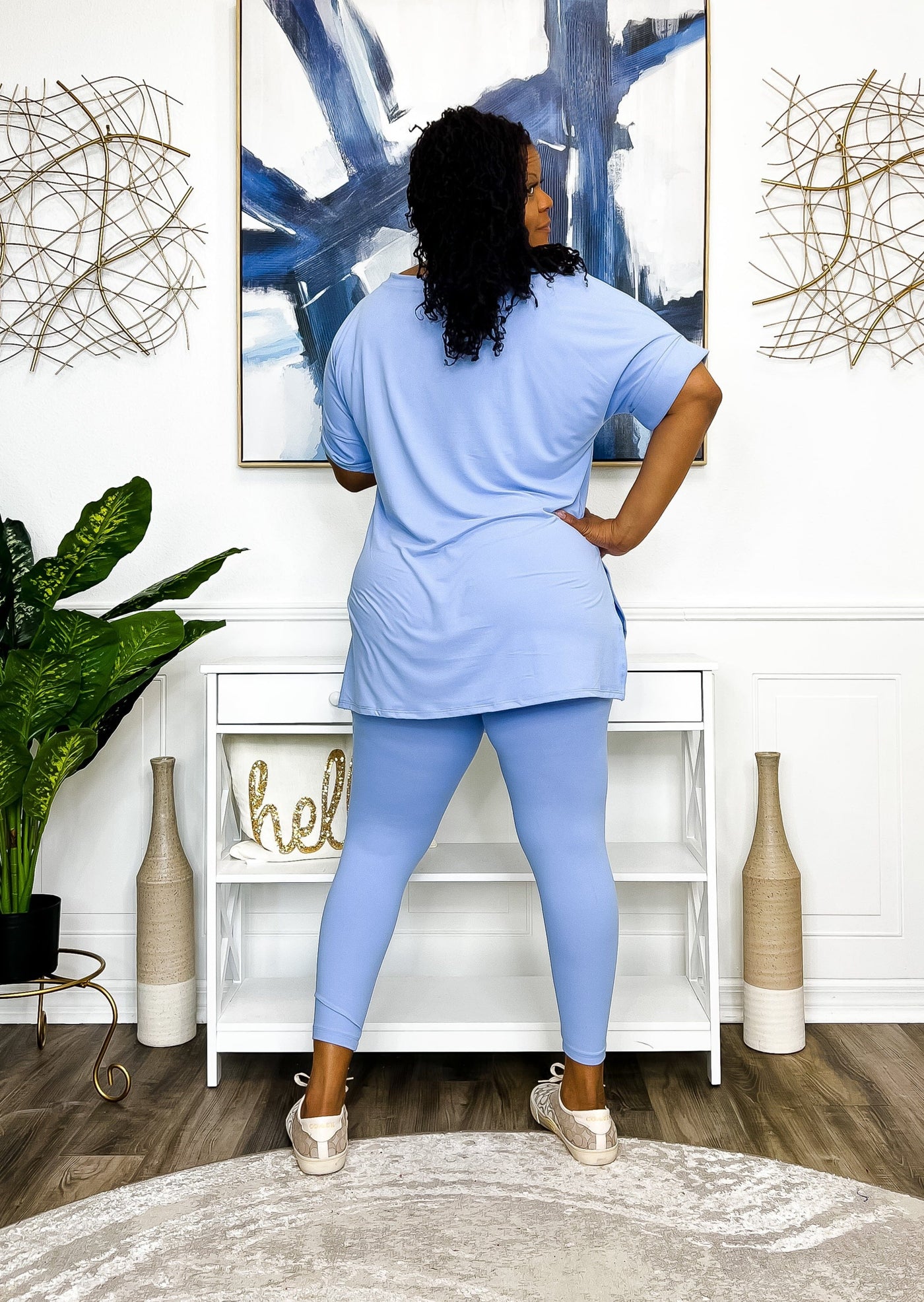 Casual Auntie Two Piece Microfiber Matching Pant Set- Spring Blue Outfit Sets 