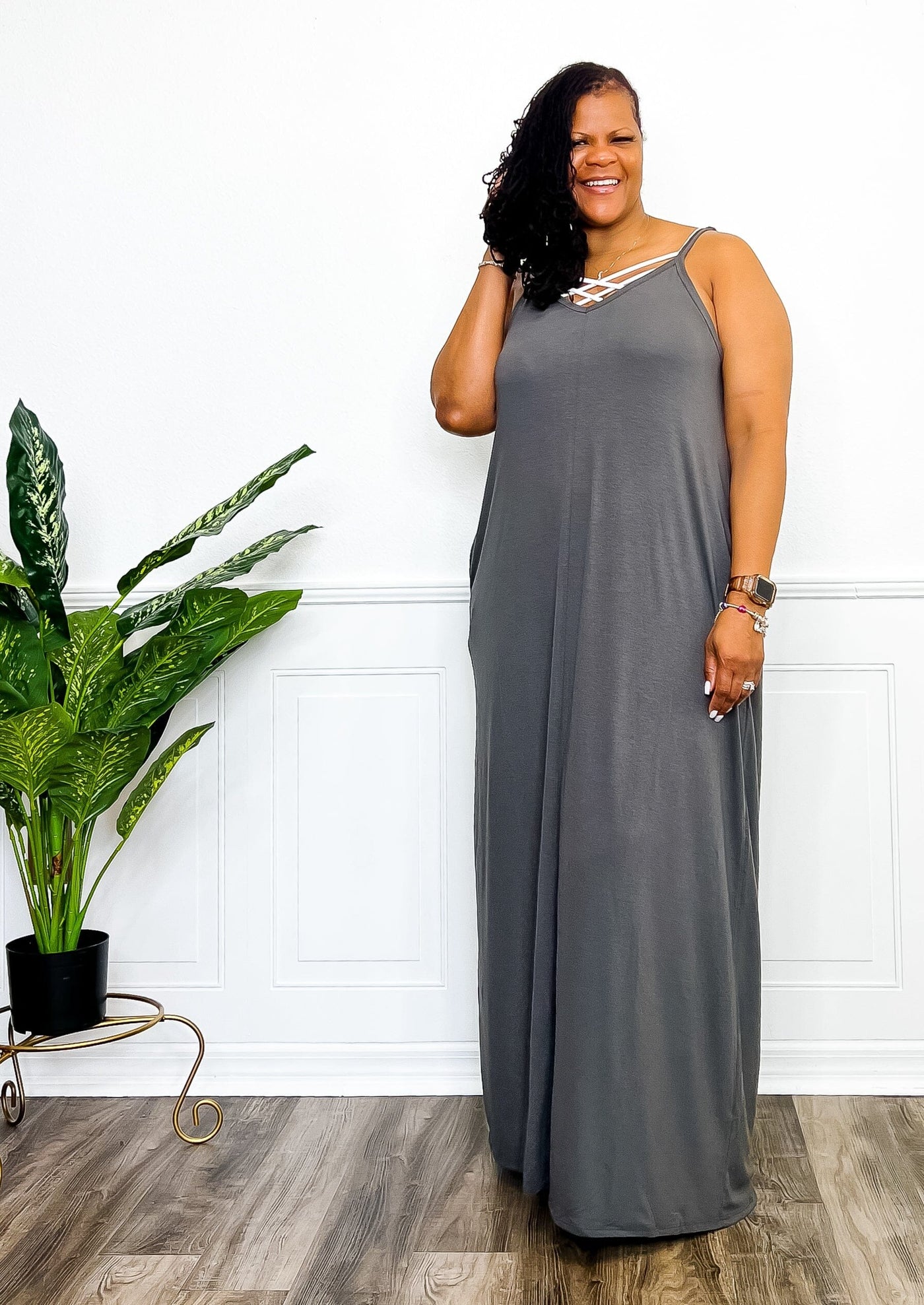 Cozy Comfort Cami Maxi Dress With Pockets- Ash Grey Dresses 1X 