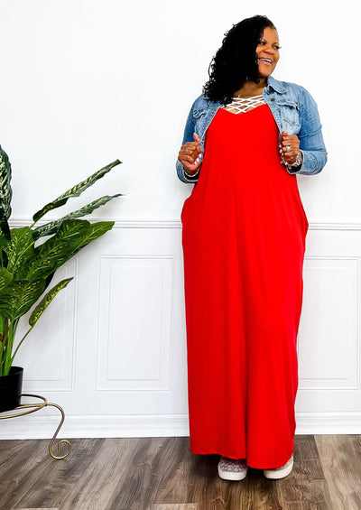 Cozy Comfort Cami Maxi Dress With Pockets- Ruby Dresses S 