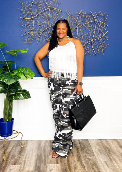 Fringe Gal Halter- White Shirts & Tops 