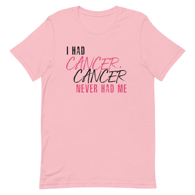 I HAD CANCER, CANCER NEVER HAD ME WOMEN'S SHIRT - BLACK AND PINK FONT Pink S 
