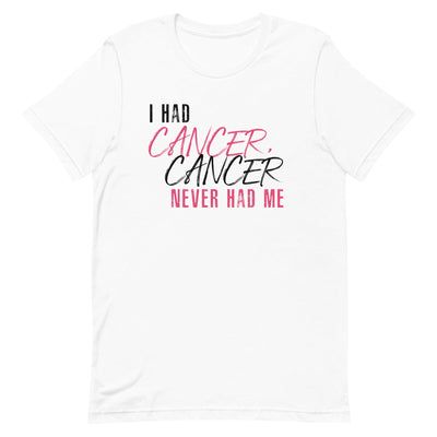 I HAD CANCER, CANCER NEVER HAD ME WOMEN'S SHIRT - BLACK AND PINK FONT White S 