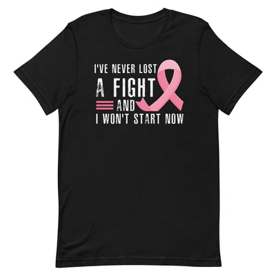 I NEVER LOST A FIGHT AND I WON'T START NOW WOMEN'S T-SHIRT- WHITE AND PINK FONT Black S 
