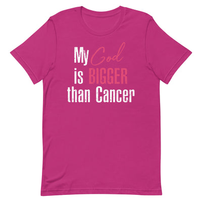 MY GOD IS BIGGER THAN CANCER WOMEN'S SHIRT - WHITE AND PINK FONT Berry S 