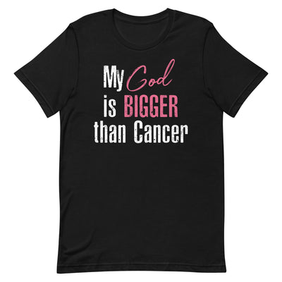 MY GOD IS BIGGER THAN CANCER WOMEN'S SHIRT - WHITE AND PINK FONT Black S 