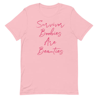 SURVIVOR BOOBIES ARE BEAUTIES WOMEN'S SHIRT - PINK FONT Pink S 