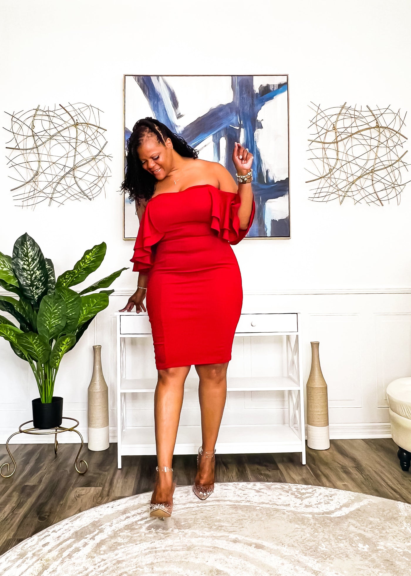 The Sweetheart Drip Off Shoulder Midi Dress- Red Dresses 
