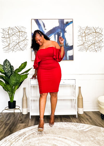 The Sweetheart Drip Off Shoulder Midi Dress- Red Dresses 