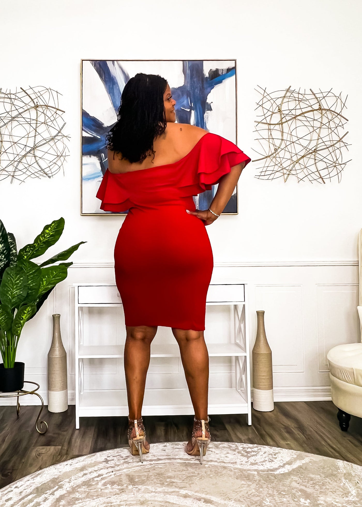 The Sweetheart Drip Off Shoulder Midi Dress- Red Dresses 